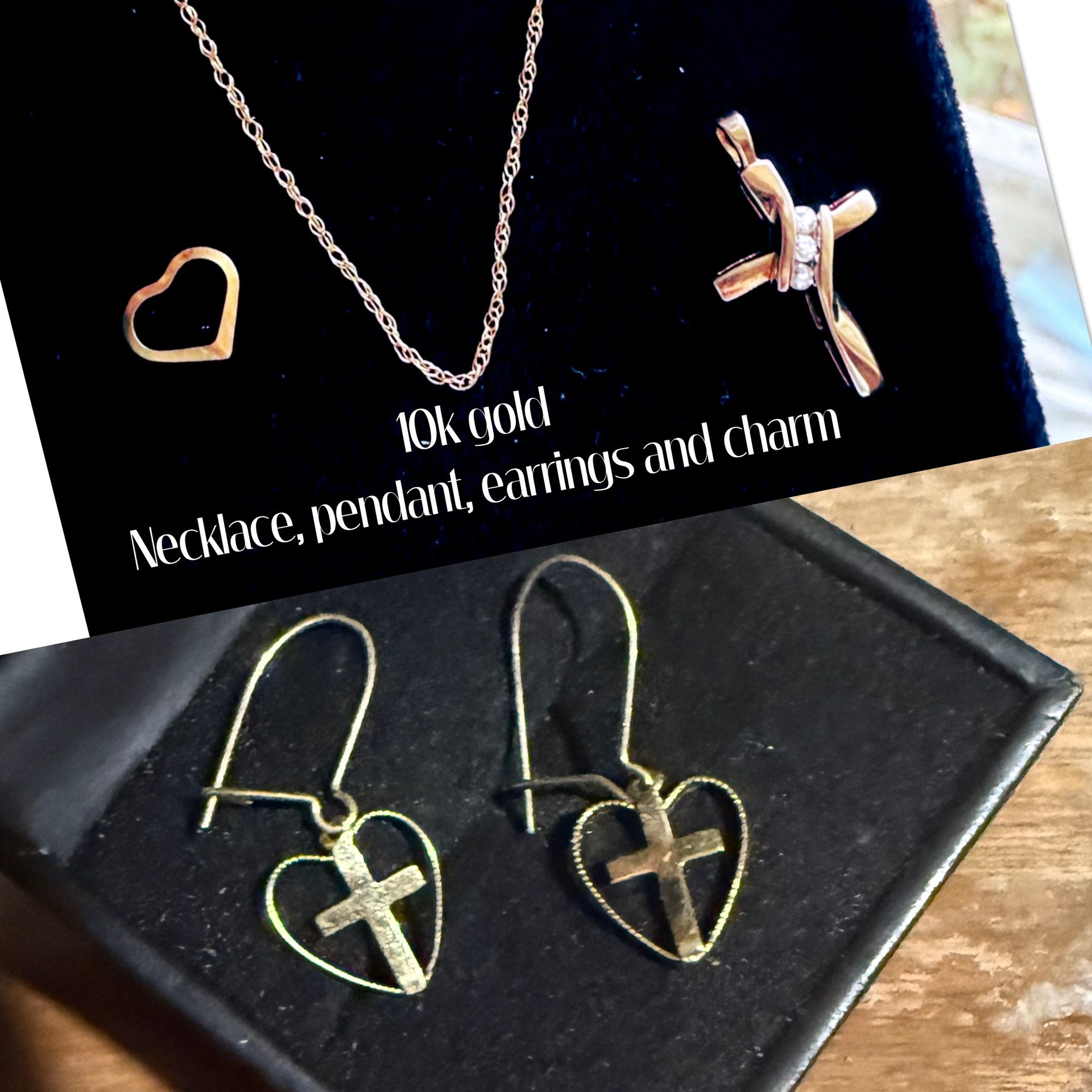 10k Gold Necklace, 1 Pendant , 1 Charm And Earrings