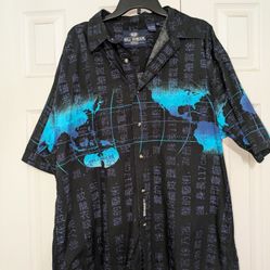 Vintage Wu-Wear dark blue world map print short sleeved button down shirt.