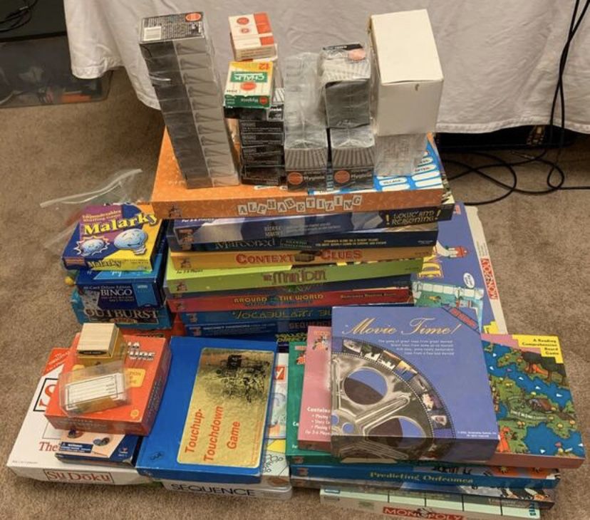 Tons of board games, chalk, blocks and poker chips