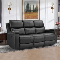 Ilkeston 81.6" Wide Vegan Leather Manual Reclining Sofa, 3-Seater Recliner Couch with Cup Holders