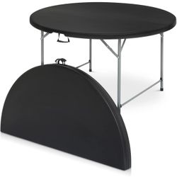 53" Round Folding Table 4.5 Feet Plastic Bi-Folding Commercial Dining Event Table for Indoor Outdoor Camping Picnic Party, Black