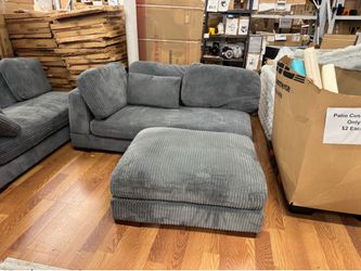 Set of Sofa Chaise Lounge In Grey Velvet With  Ottoman