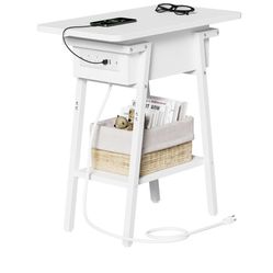 White Flip Top Side Table with USB Ports and Outlets, Bedside Table for Small Spaces,Nightstand