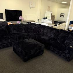 Black Corduroy Sectional Couch With Ottoman