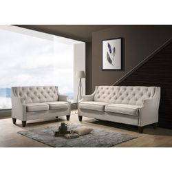 Beige 2-Pieces Luxury Soft Linen Fabric Tufted Buttons High Back Contour Armrest Nailheads Trim Living Room Sofa Set Firm Price $499