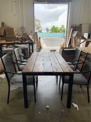 Assembled New Outdoor Patio Acacia Wood Dining Table Set w/ 4 High Quality Metal Chairs