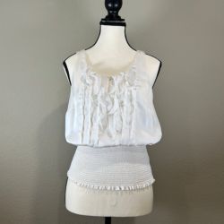 White House Black Market Ivory Ruched Smocked Waist Sleeveless Blouse S