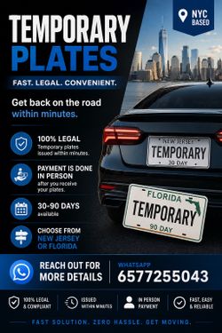 Temporary Tags/ Plates / Placa Temporales, Delivered in person.