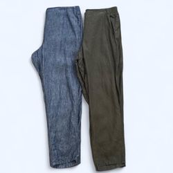 2 J.Jill Women’s Medium Blue Dark Green 100% Linen Relaxed Straight Leg Casual Pants
