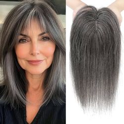 REECHO Hair Toppers for Women Real Human Hair, 10 inch Hair Toppers with Bangs for Women with Thinning Hairs, Dark