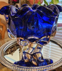 Bohemian Cobalt Blue Glass Centerpiece Bowl - 1960s. 9" tall 7.25"W