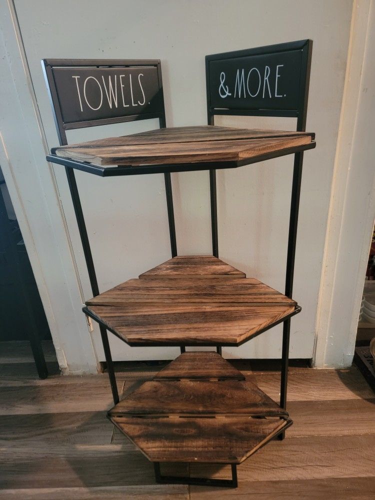 Rae Dunn "Towels And More" Three Tier Shelf. Wooden Shelves And Metal Frame. Measures 32" Tall And 16.5" Wide 12" Depth