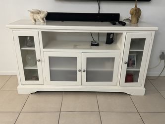 White TV Stand / Media Console with Glass-Front Cabinets
