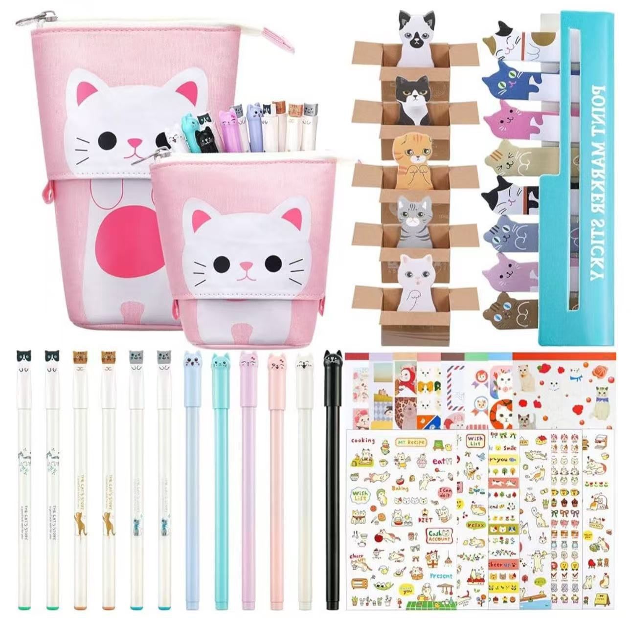 417 Pcs Cute Cat Stationery Set Cat Telescopic Pencil Pouch Case Gel Ink Pen Sticky Memos Notes Cat Album Sticker for School Office(Pink Cat Style)
