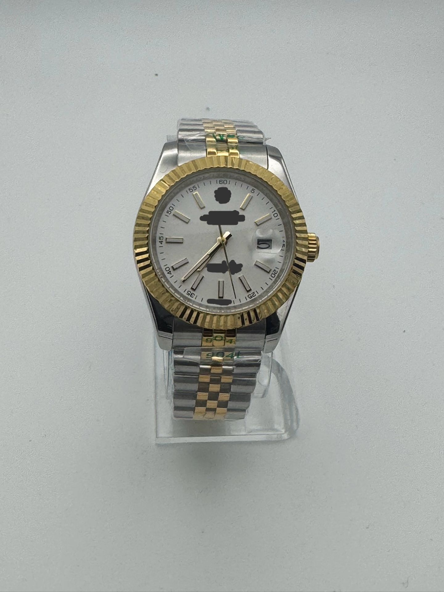 Two-Tone White Dial Watch with Fluted Gold Bezel