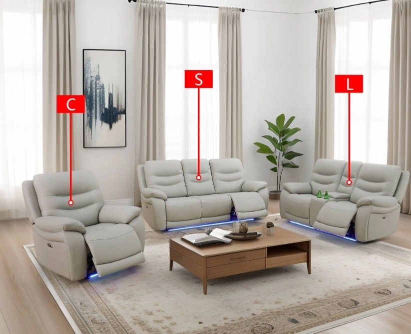 Light Grey Breathing Leather And PVC 3 PCs Living Room Recliner Sofa Set Brand New