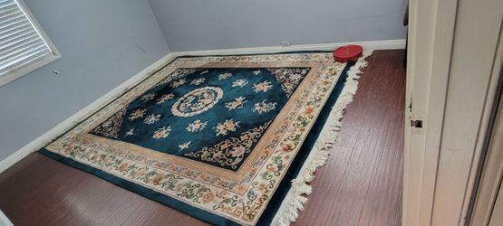 Teal Chinese Floral Area Rug with Fringe