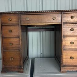 Vintage Mahogany-Finish Kneehole Desk (or Vanity), likely dating from the mid-20th century (1930s–1950s). It features a traditional Federal or Colonia