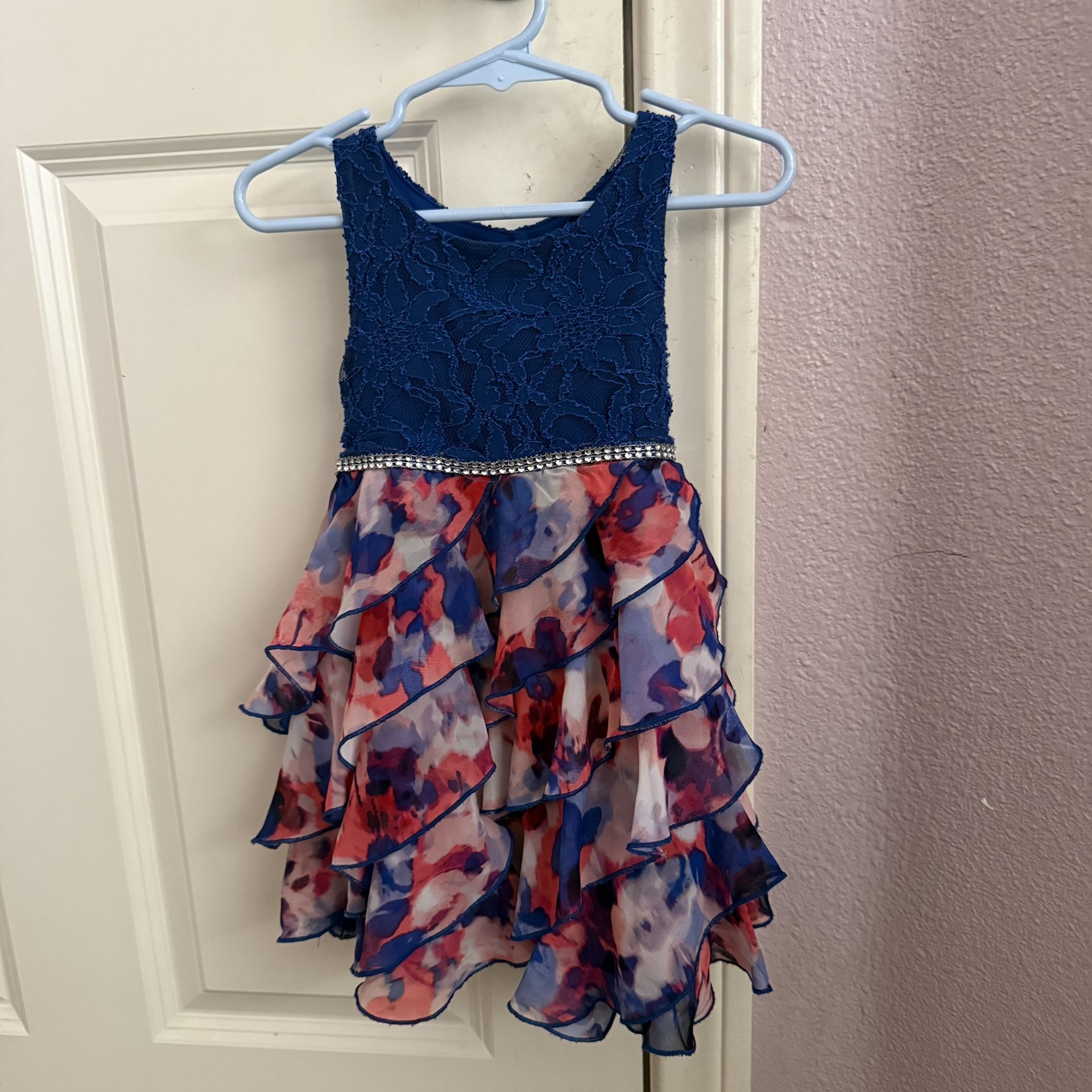 Girls Dress Size 3T Blue & Red Floral Chiffon & Lace