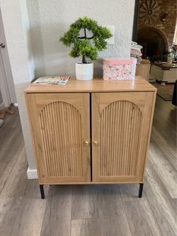 Brand new Beauriful 34" Tall Fluted Arched, Cabinet with Adjustable Shelves, organizer, for Living Room, Entryway, office, bedroom in Natural color.