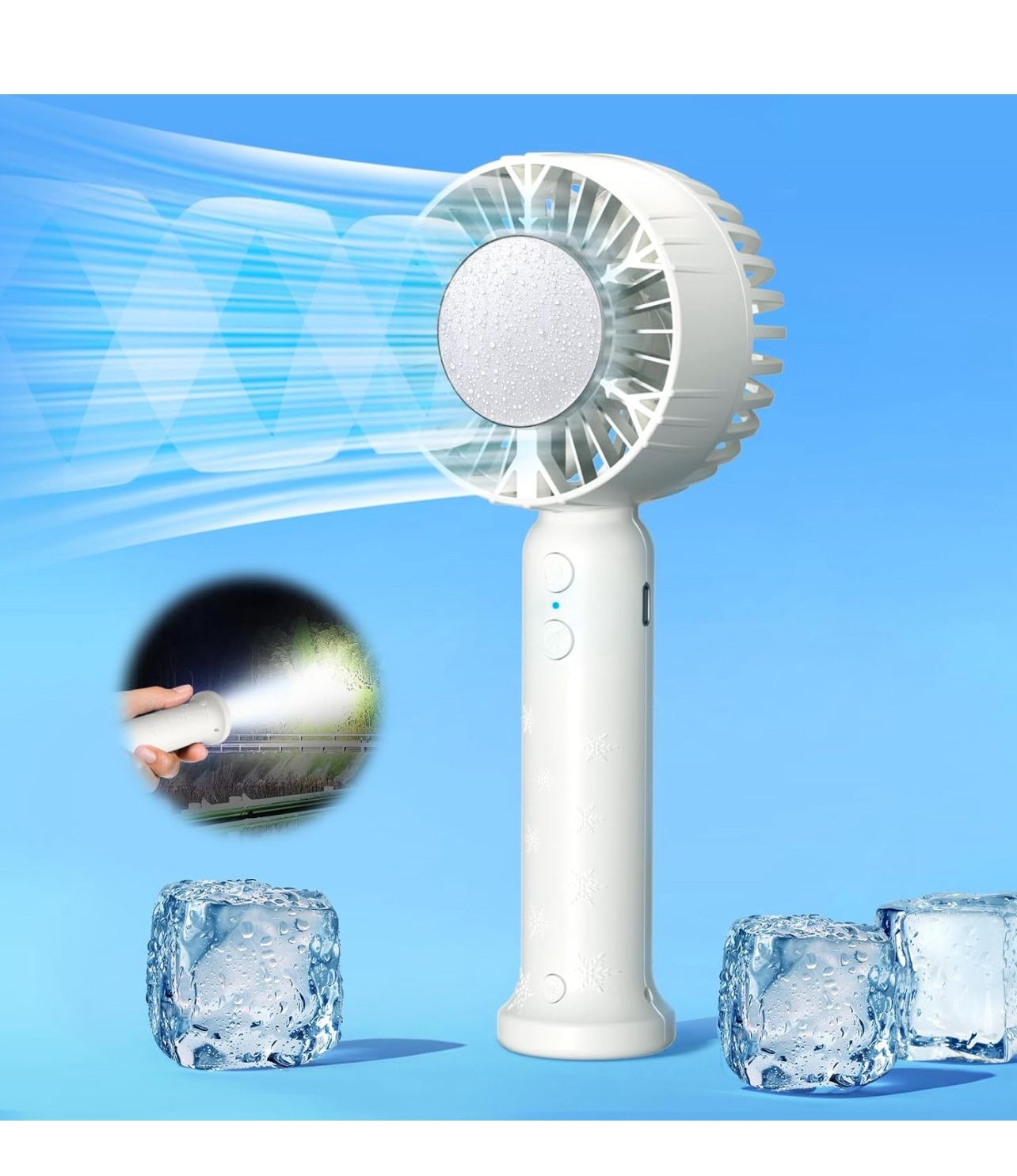 Brandnew Portable Handheld Fan with Refrigeration Mode, 3 Speed Cold Wind Hand Fan, 3000mAh Battery Operated Rechargeable USB Fan, Non-Slip, Flashligh