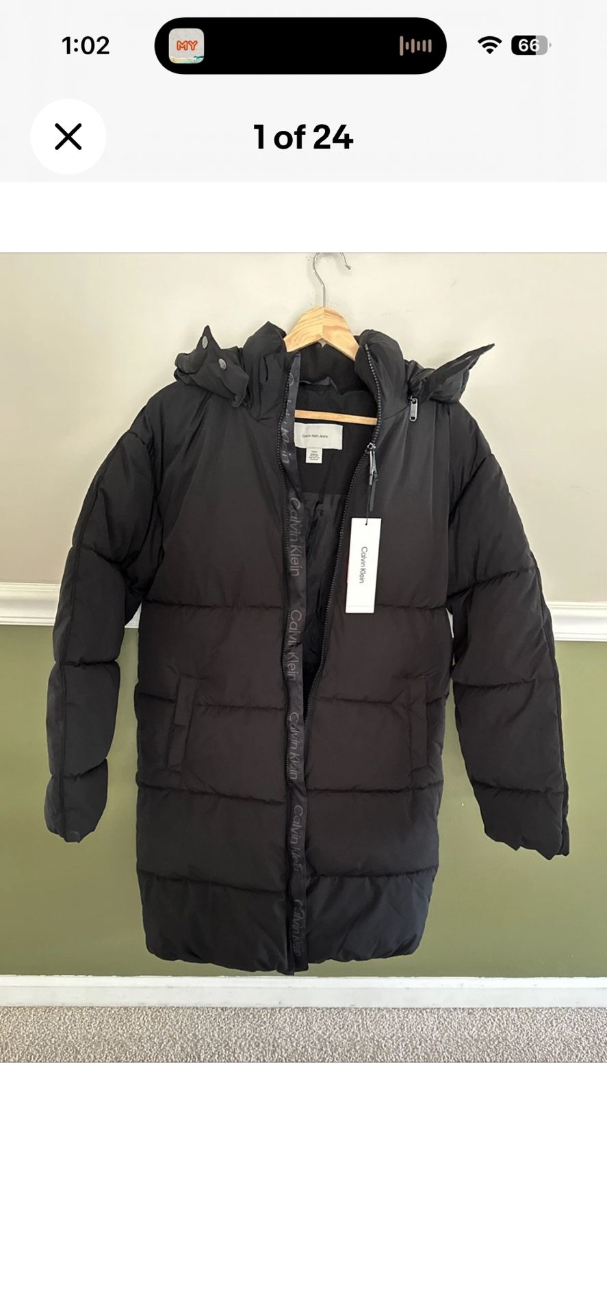 Calvin Klein Sorona Aura Puffer Woman Winter Long Jacket Size S NWT Black Hooded