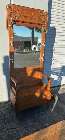 Hat Rack Bench With Mirror Solid Oak 33“ X 17“ X 84“ Bench Seat Is 18 Inches High