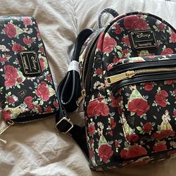 Loungefly Bell roses Disney backpack with wallet