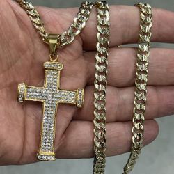 gold over stainless steel cross pendant and necklace 