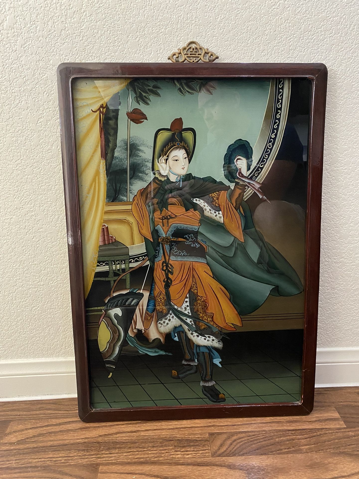 Antique Reverse Glass Asian Painting Framed 19” X 27” HTF