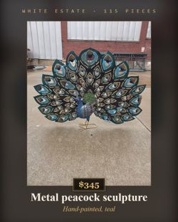 Large Metal Peacock Sculpture - Teal, Open Fan Tail