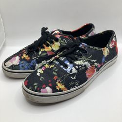 Women’s Size 7 Vans Authentic Black Red Yellow Flowers Low Top Canvas Sneakers 