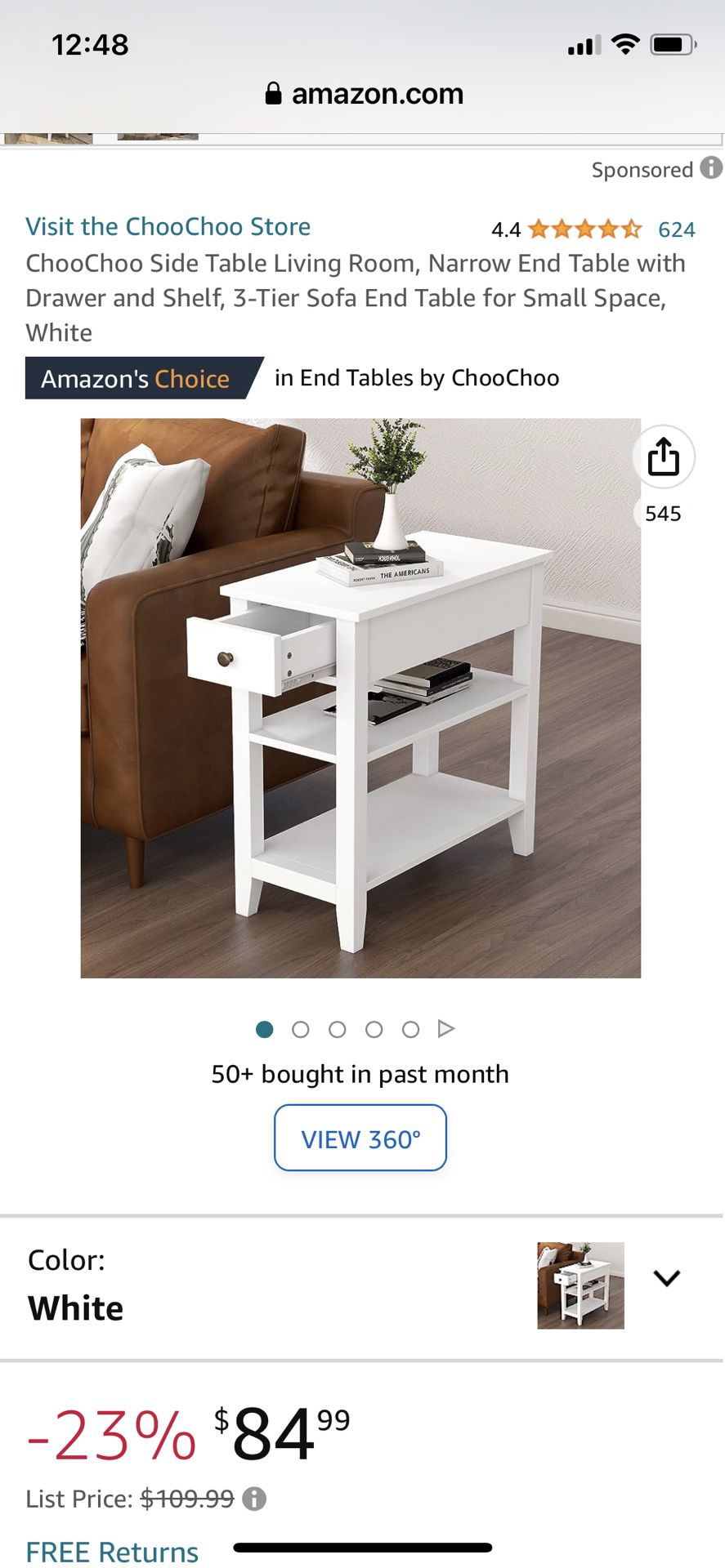 ChooChoo Side Table Living Room, Narrow End Table with Drawer and Shelf, 3-Tier Sofa End Table for Small Space, White