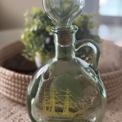 Vintage Old Fitzgerald Whiskey Decanter Old Ironsides Ship Graphic-Green Glass With Stopper 