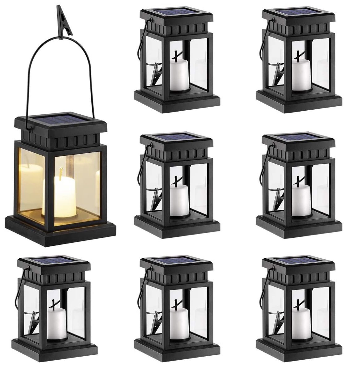 GIGALUMI 8 Pack Solar Hanging Lantern Outdoor, Candle Effect Light with Stake for Garden,Patio , Lawn, Deck , Umbrella, Tent, Tree,Yard,Driveway-Warm