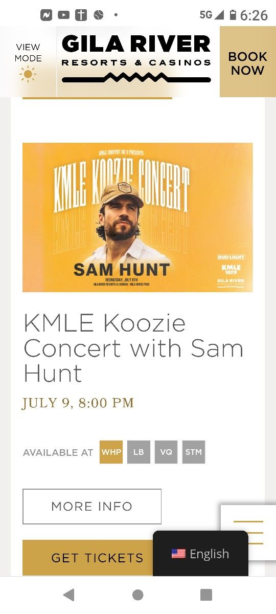 Sam Hunt 2 General Admission Tickets