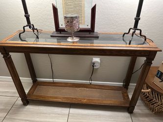 Glass Top Wood Console Table with Woven Shelf 46x28.5x13.5