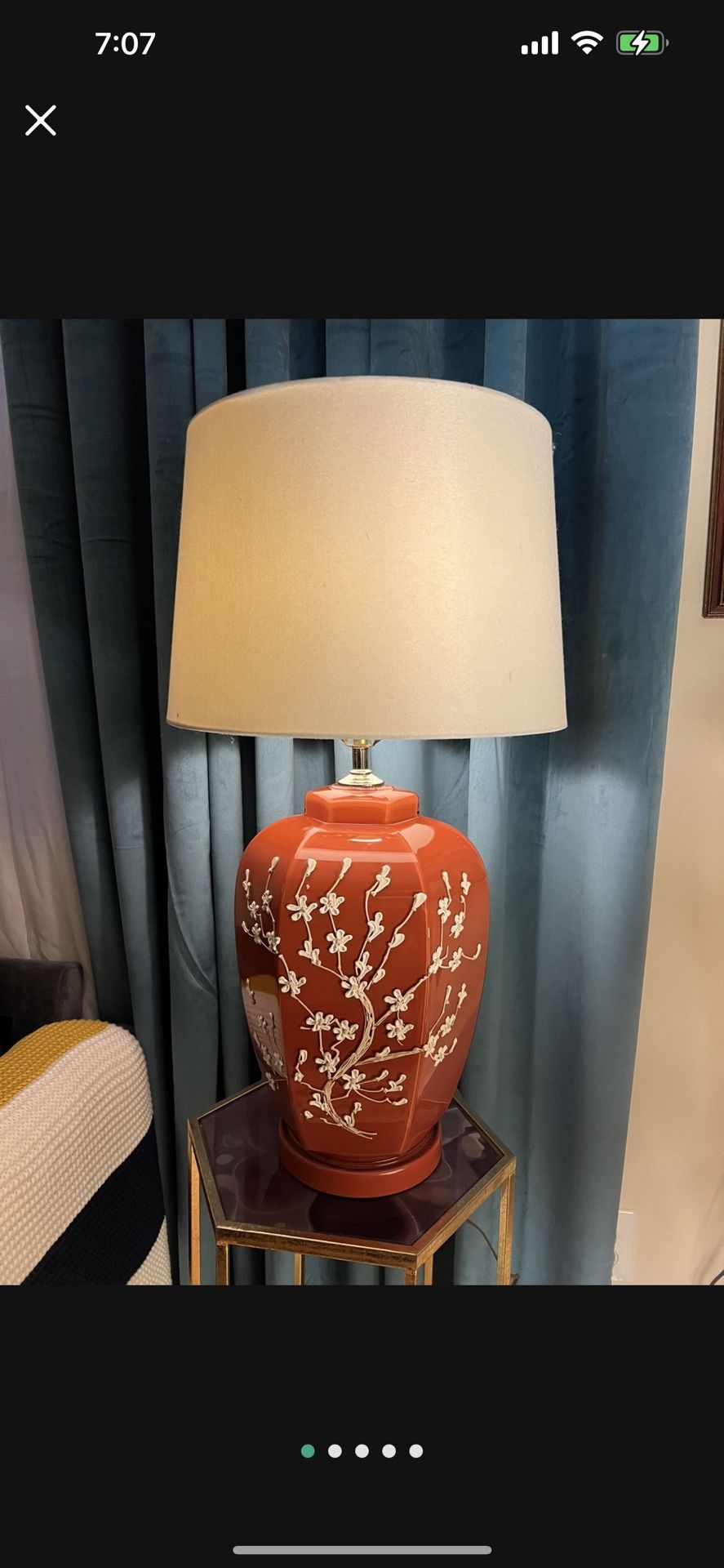 Vintage Red glass table lamp raised white glass floral details six sided Asian design