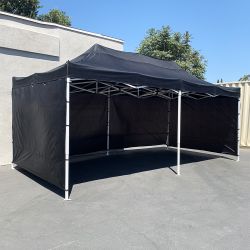 $240 (New) Heavy-duty black 10x20 ft canopy with (4 sidewalls) ez pop up outdoor party tent w/ carry bag