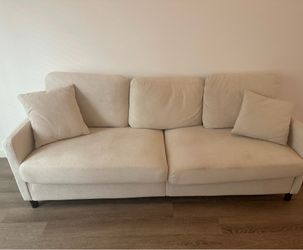 83” Beige Comfy Couch/Sofa, 2 Pillows Included, Great Condition