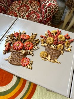 Pair Vintage Burwood Flower Basket Wall Hangings MCM