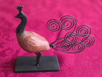 Handcrafted Metal and Wood Peacock Sculpture Note/Picfture Holder Wood Metal
