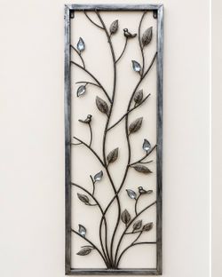 Metal Wall Art Panel with Birds and Leaves