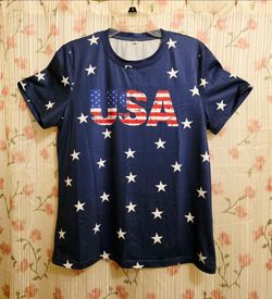 USA T Shirt Ladies size M - L  Red White Blue Stars Patriotic Polyester Spandex