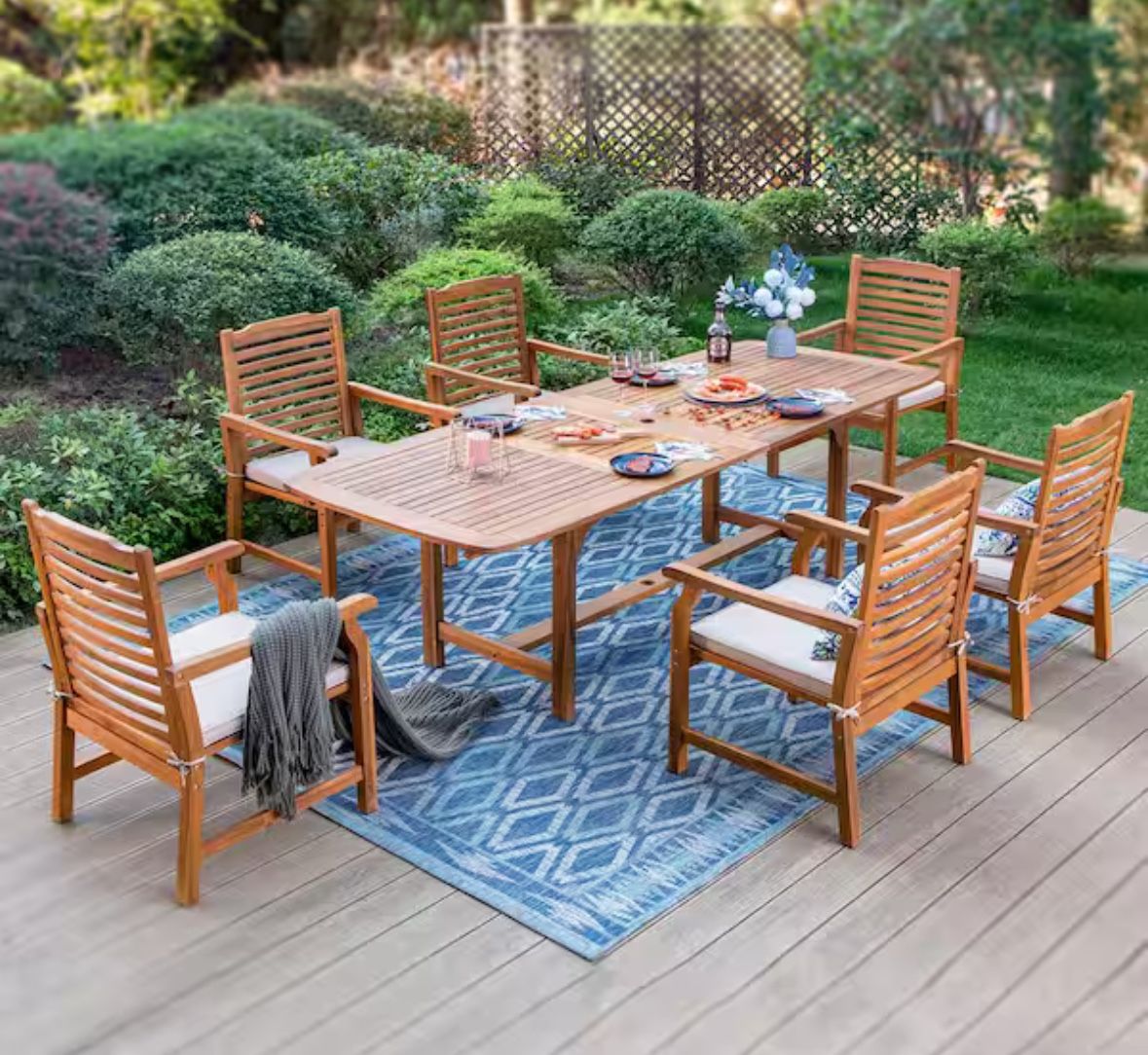 Brown 7-Piece Wood Patio Outdoor Dining Set With Extendable Table and Wood Chairs With Beige Cushion