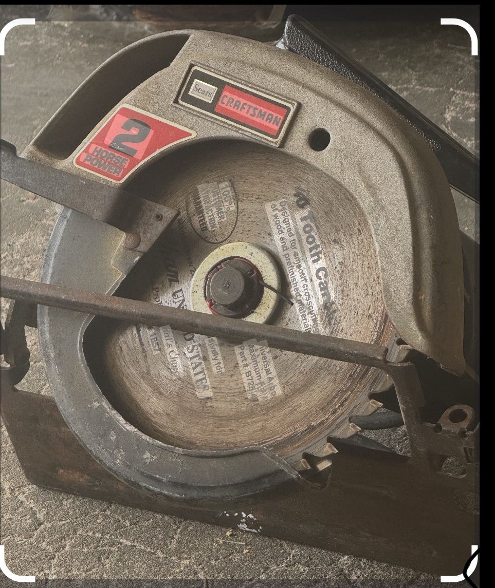 This is a Sears Craftsman 2 HP 7 1/4" circular saw, likely a vintage model. Key features and information include: Brand: Sears Craftsman Power: 2 Hor