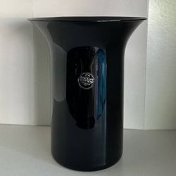 Vtg 60s Mid Century Modern Crown Corning Italian Black Glazed Satin Hand Blown Art Glass Vase Cylindrical Form Flared Top Mint Centerpiece