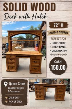 🌿Rustic Solid Wood Desk, Vanity with Hutch