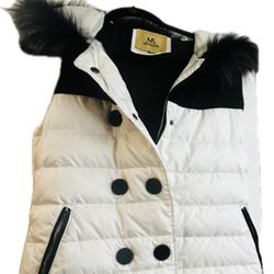 White Puffer Vest With Fur Trimmed Hood 