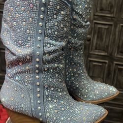 Rhinestone Light Blue Denim Cowboy Boots 
